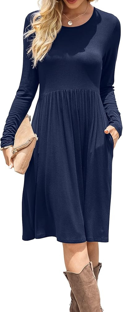 DB MOON Women Casual Long Sleeve Dresses Empire Waist Knee Length Loose Dress with Pockets | Amazon (US)
