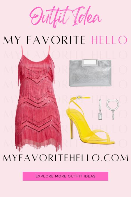 Hot pink dress with yellow heels outfit. Retro flapper girl dress. Sorority rush week outfit. Hot pink party dress. What color heels to wear with a hot pink dress #barbiecore #hotpinkdress 

#LTKstyletip #LTKshoecrush #LTKparties