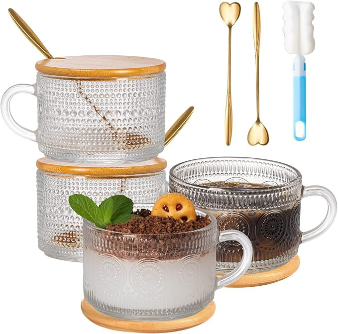 megarte Vintage Glass Coffee Mugs - 14 Oz Embossed Glass Mugs with Bamboo Lids and Golden Spoons ... | Amazon (US)