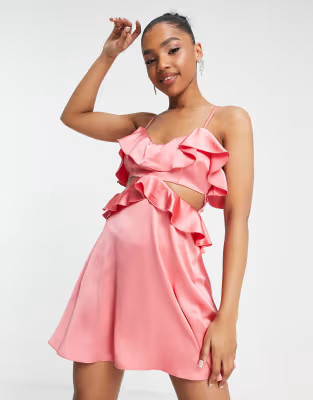 Miss Selfridge satin frill detail cut out mini dress in coral | ASOS | ASOS (Global)
