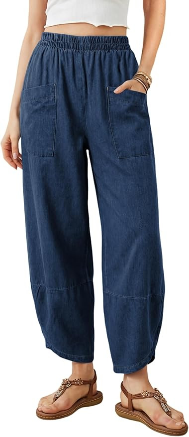 Womens Baggy Wide Leg Denim Pants Elastic Waisted Casual Loose Barrel Jeans with Pockets | Amazon (US)