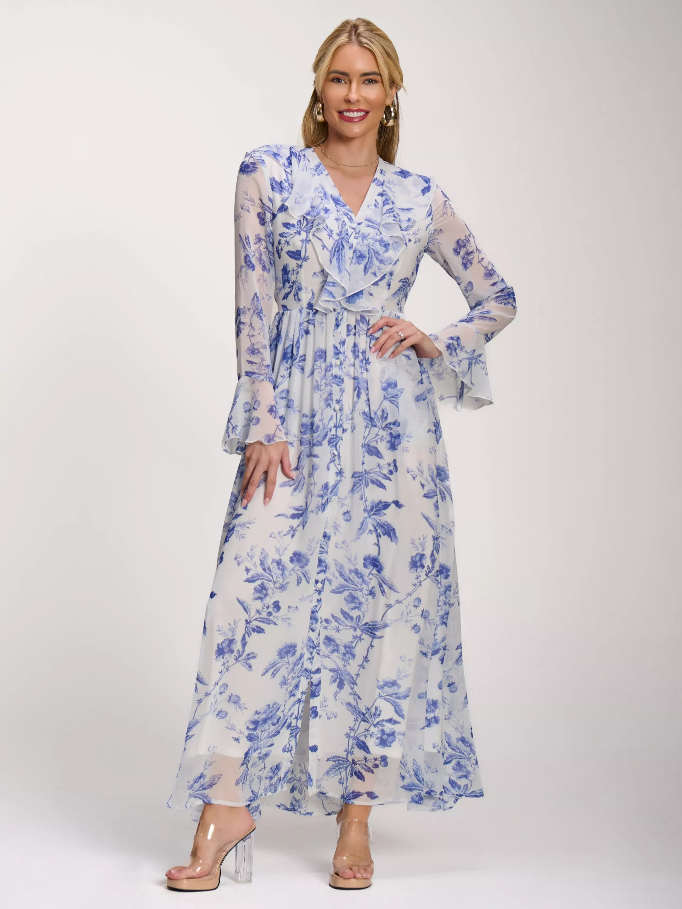 Jolie Moi Ruffled Floral Maxi Dress, White/Blue | John Lewis (UK)