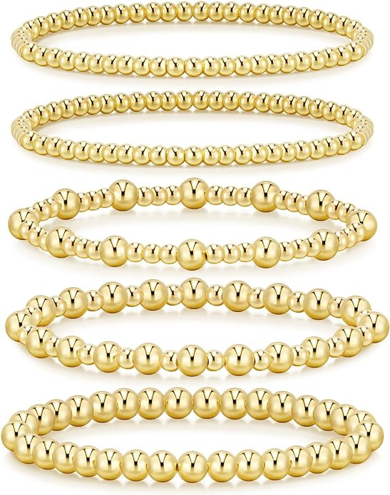 adoyi Gold Bracelets for Women Waterproof, 14K Gold Plated Beaded Strand Bead Ball Bracelets stac... | Amazon (US)