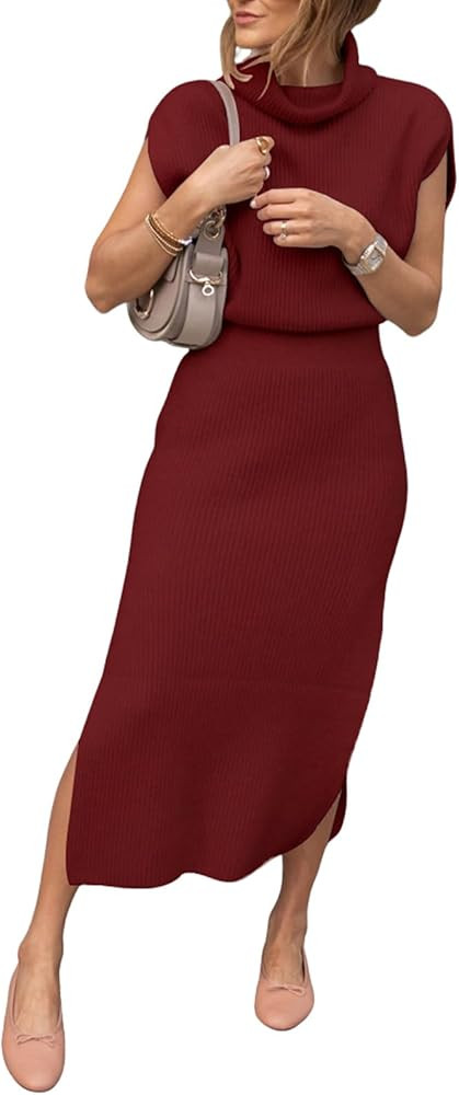 Sweater Dress for Women Sleeveless Pullover Sweaters Ribbed Knit Midi Dress with Side Slit Fall W... | Amazon (US)