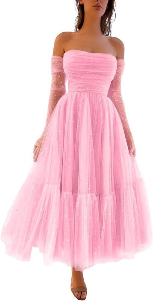 Sparkly Starry 2024 Tulle Prom Dress for Women Long Gloves A Line Formal Evening Party Gowns | Amazon (US)