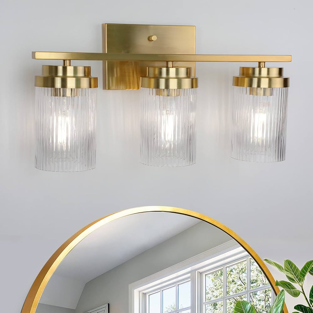 Gold Bathroom Light Fixtures: 3 Light Bathroom Vanity Light with Grooved Glass Shade | Vanity Lig... | Amazon (US)
