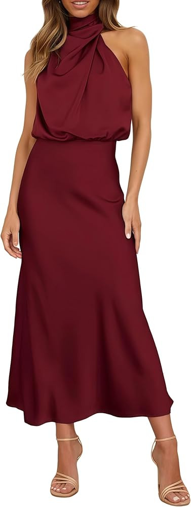 Mettclasi Women's Spring Summer Satin Sleeveless Halter Maxi Dress Elegant Formal Mock Neck Cockt... | Amazon (US)