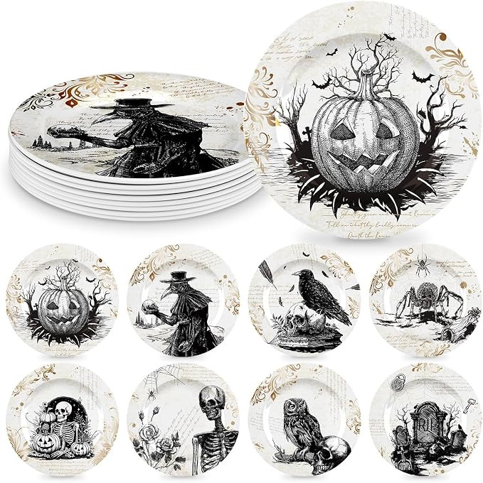 8 Pcs Vintage Halloween Dinnerware Set Halloween Plates Serving Dishes 8 Inch Reusable Gothic Din... | Amazon (US)