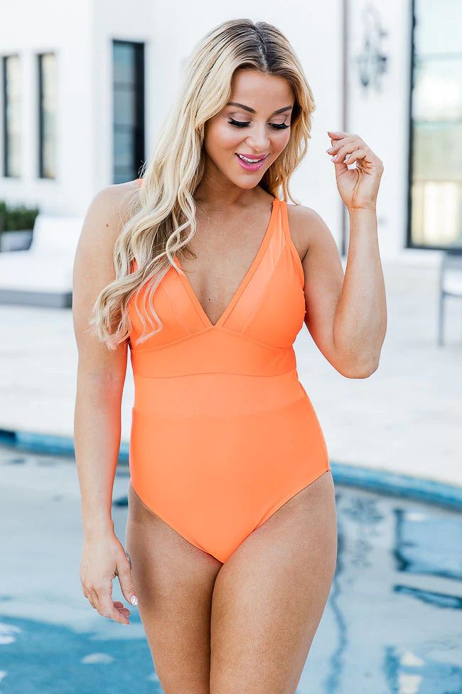 Lost In The Waves Bright Orange V-Neck One Piece Swimsuit FINAL SALE | Pink Lily