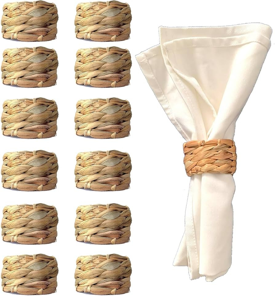 Laquedecraft Set 12 Woven Water Hyacinth Napkin Rings | Rustic Boho Wicker Napkin Holders | Natur... | Amazon (US)