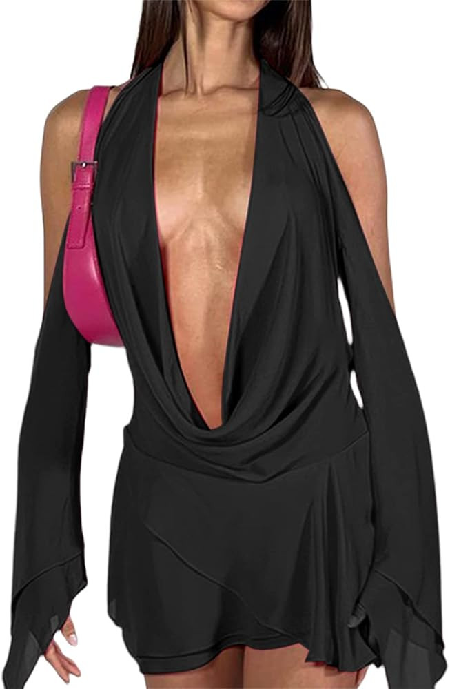 Hilinker Women's Sexy Deep V Neck Bodycon Dress Long Bell Sleeve Sheer Mini Party Dresses | Amazon (US)