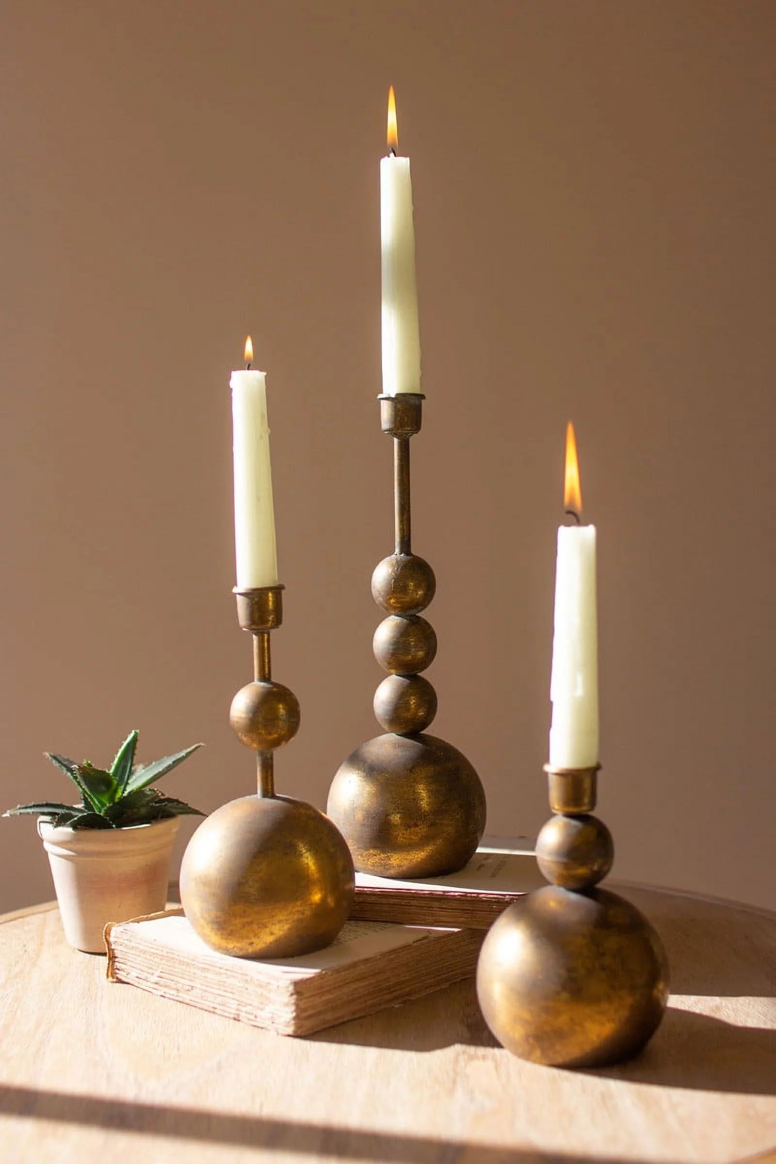 Set Of Three Antique Brass Taper Candle Holders Gold | Walmart (US)