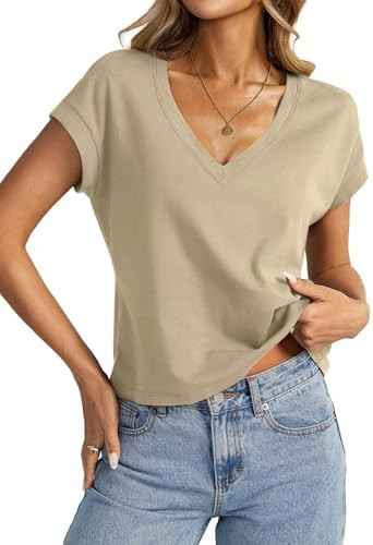 EasyGala Womens Cap Sleeve Crop Tops Cotton V Neck T Shirt Boxy Loose Fit Short Sleeves Tee Summe... | Amazon (US)