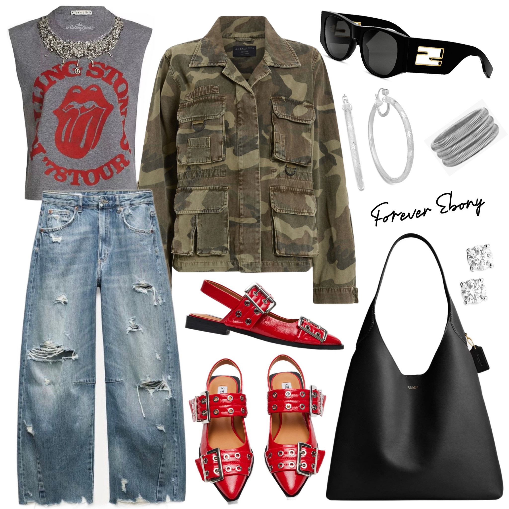 Edgy meets effortless in this rock 'n' roll-inspired look! The camo jacket and distressed denim give off laid-back vibes, while the bold red flats add a punch of personality. Paired with the trendy Coach Brooklyn 39, this look is ready for anything-from casual coffee runs to city strolls. #Coach #CoachBrooklyn39
#CoachBrooklyn #Fendi

#LTKStyleTip #LTKItBag