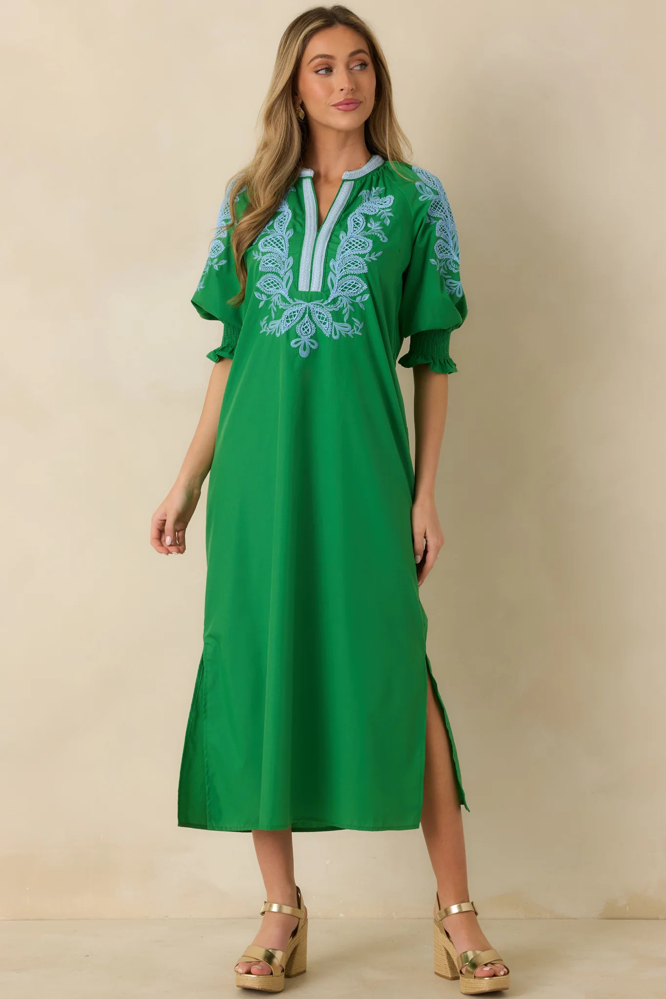 When It Feels Right Green Embroidered V-Neck Maxi Dress | Red Dress