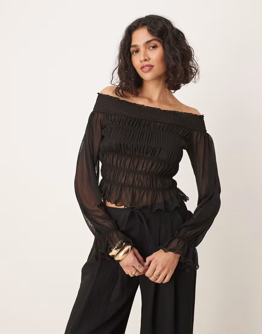 ASOS DESIGN bardot shirred long sleeve top in black | ASOS (Global)