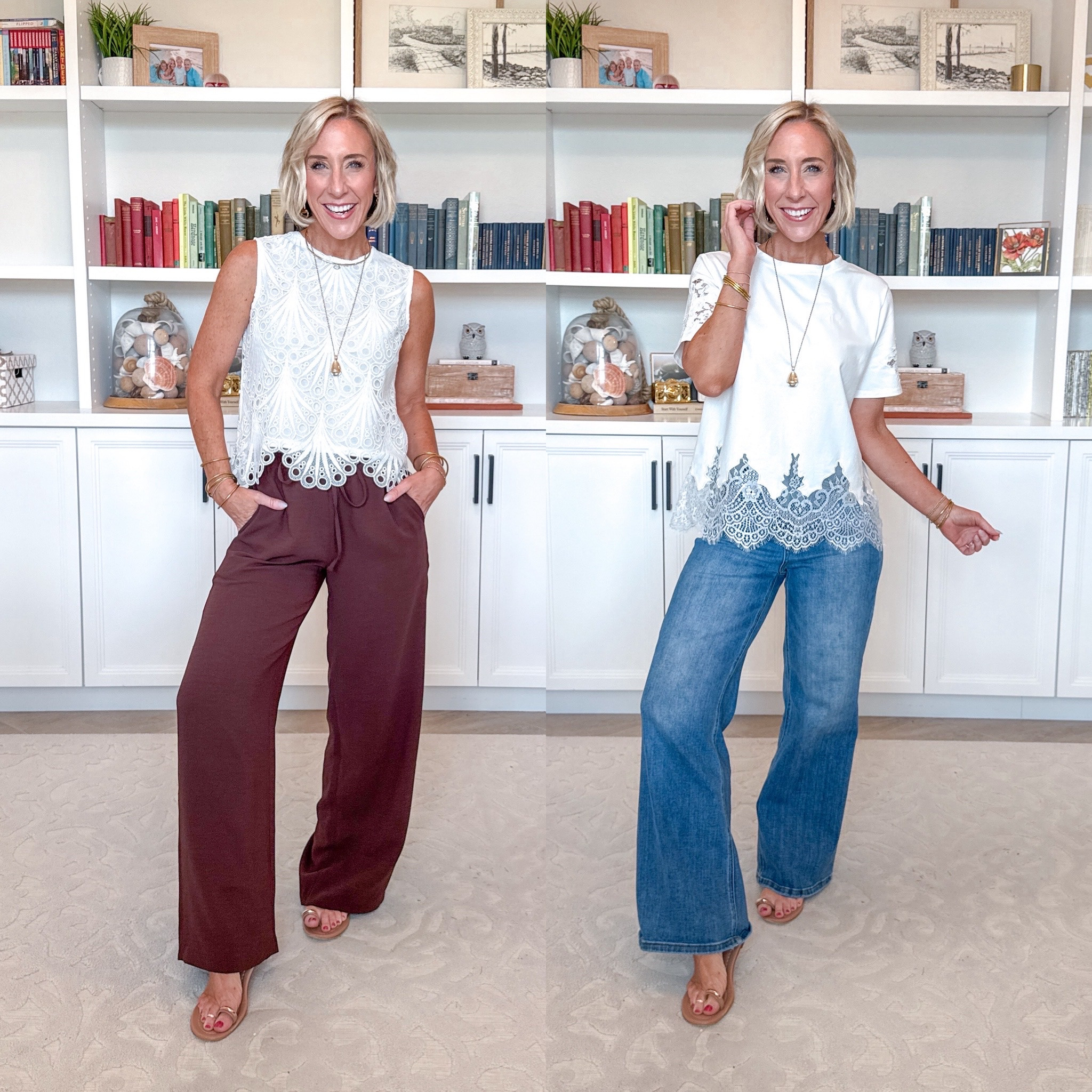 Amazon - warm fall tops. Lace Trim Crew Neck T-Shirt - size small. 6 colors. * Wide Leg Jeans - size 25. Lace Sleeveless Embroidered Blouse - size XS. 3 colors. * Wide Leg Wrinkle Resistant Crepe Pants - size Small (regular). 10 colors. 
#LTKSeasonal#LTKOver40#LTKWorkwear
