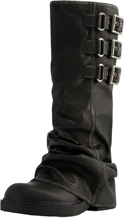 MAVMAX Women Slouchy Knee High Boots Casual Round Toe Pull On Riding Biker Boots Fold Over Chunky... | Amazon (US)
