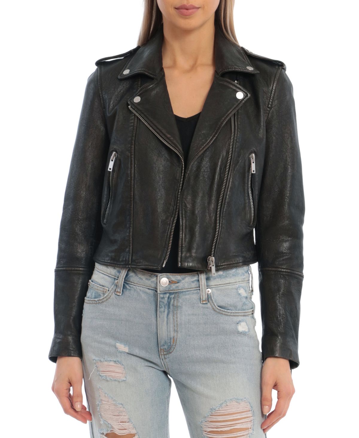 Avec Les Filles Women's Leather Notched-Collar Moto Jacket | Macys (US)