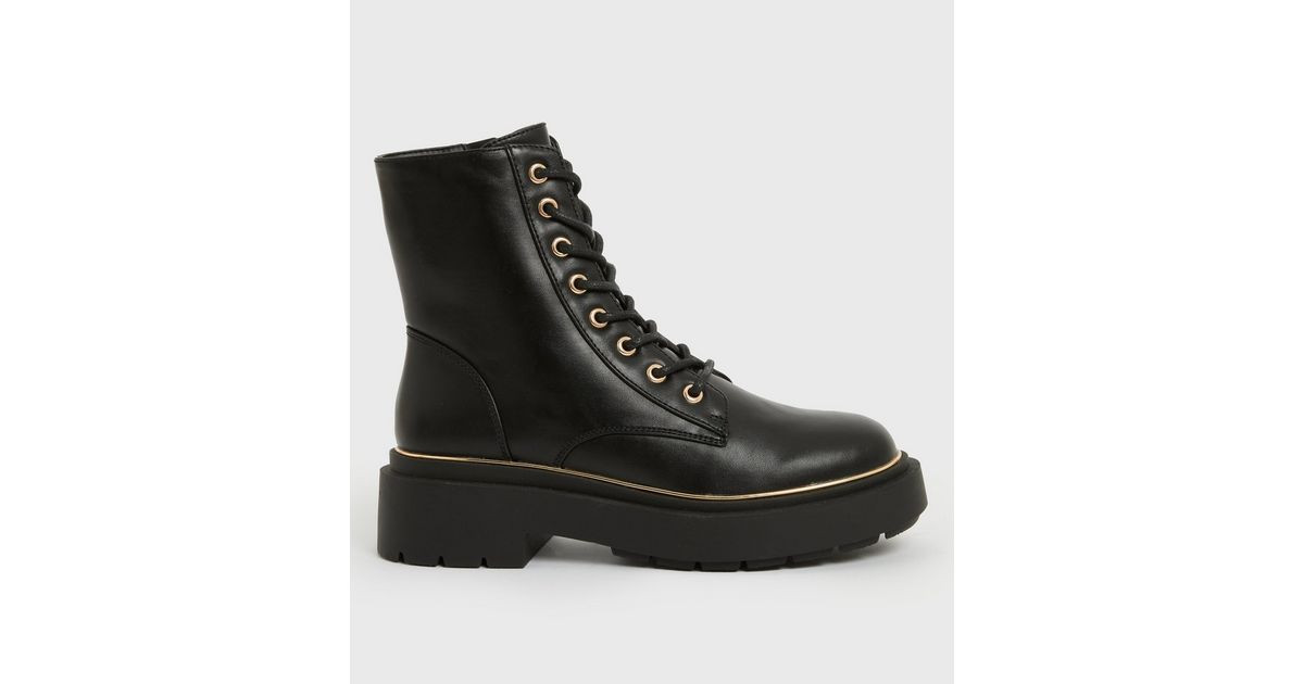Black Leather-Look Metal Trim Lace Up Chunky Boots
						
						Add to Saved Items
						Remove f... | New Look (UK)