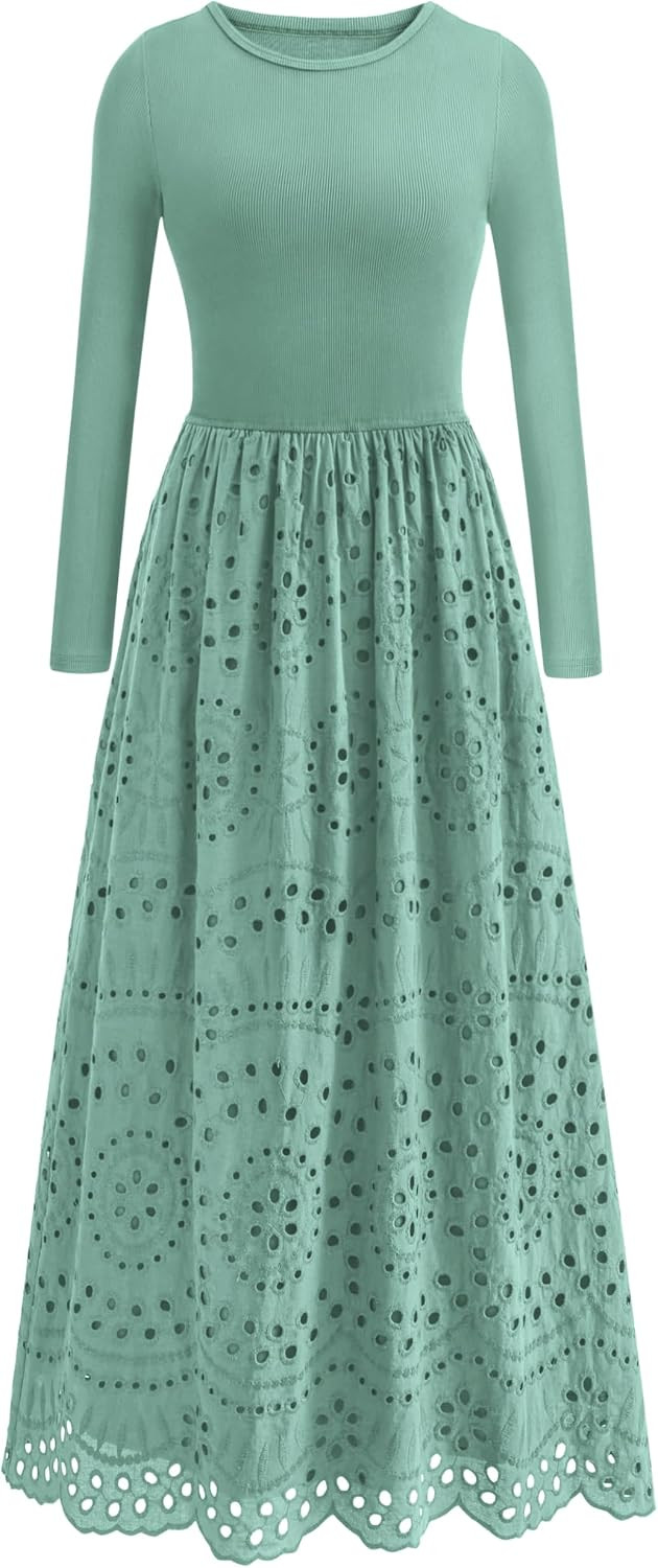 dowerme Women Spring Dresses 2026 Casual Long Sleeve Crewneck A-Line Boho Eyelet Cotton Maxi Wedding Guest Dress Pockets | Amazon (US)