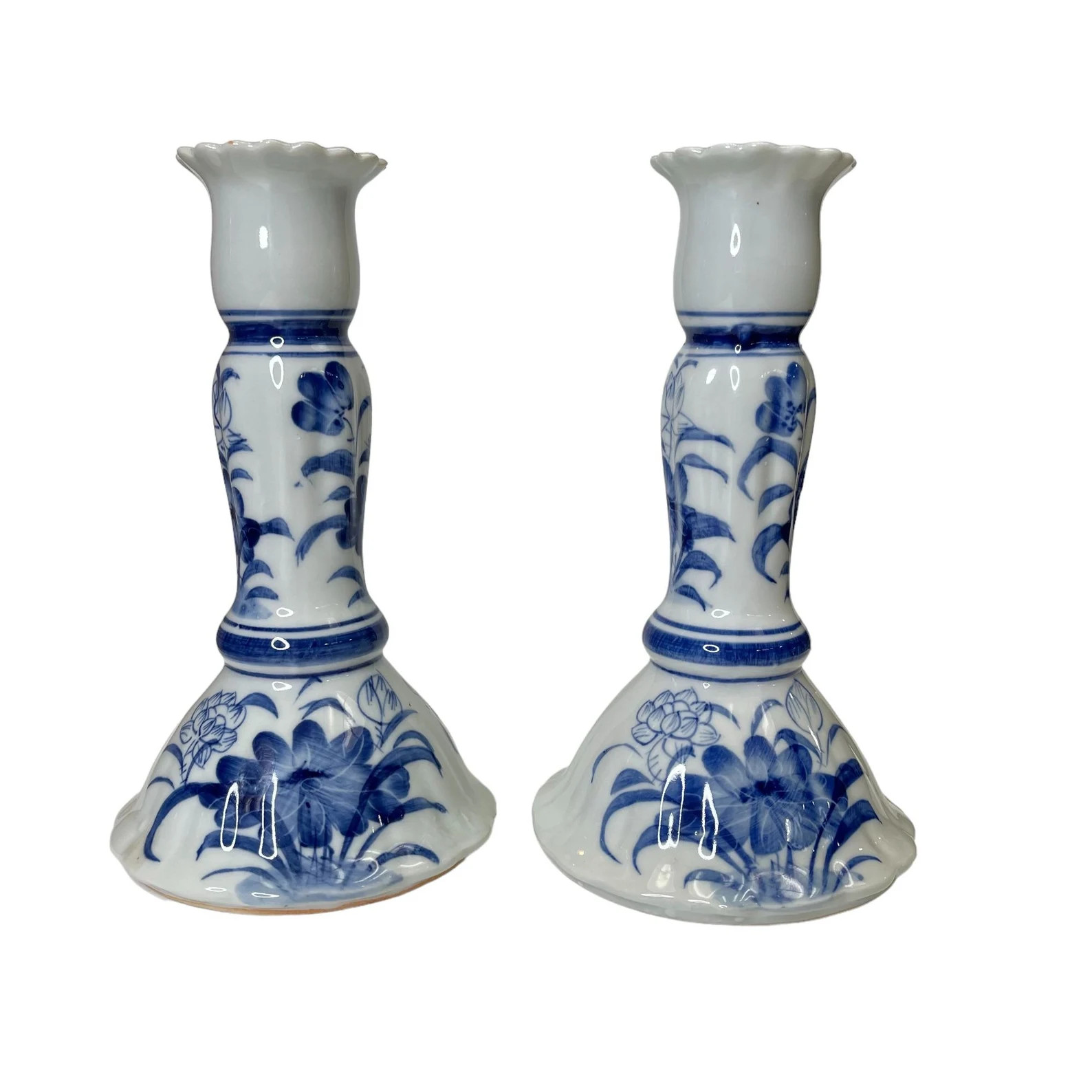 Vintage Thai Floral Stoneware Candlestick Holders, Blue and White Pair | Etsy (Global)