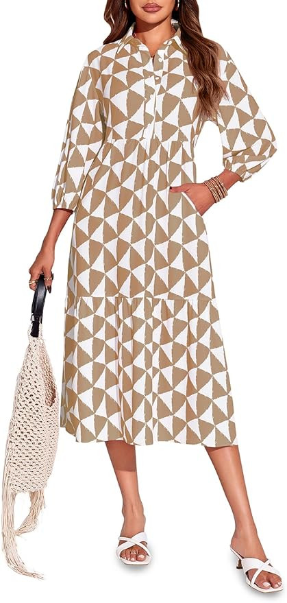 Wenrine Womens Boho Midi Dress Long Sleeve Casual Color Block Beach Button Down Shirt Dress | Amazon (US)