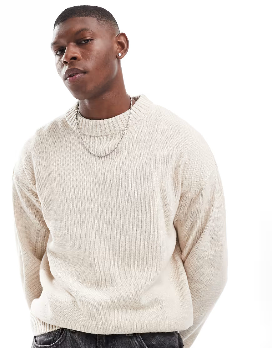 Jack & Jones oversized chunky rib crew neck jumper in cream-White | ASOS (Global)