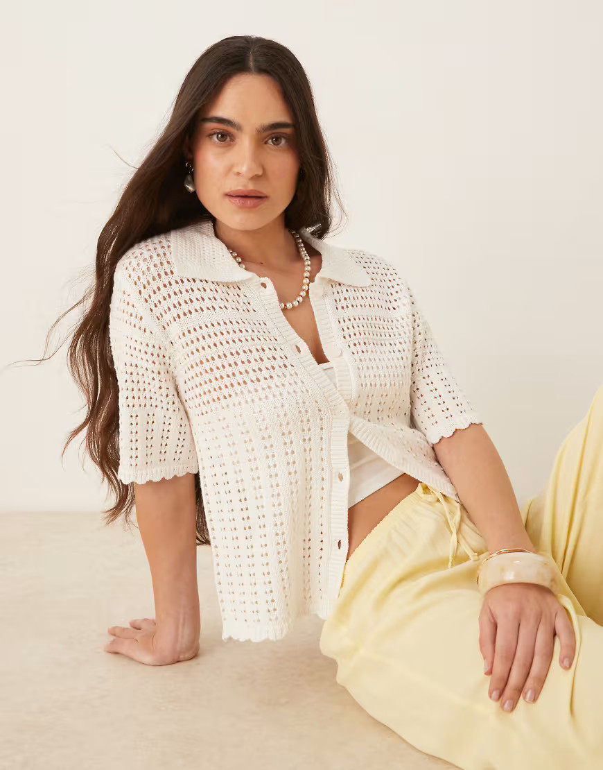 JDY open knit polo cardigan in white | ASOS (Global)