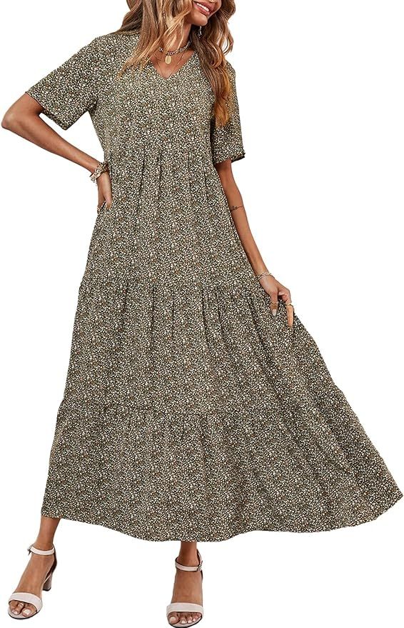 CFLONGE Women’s Summer Short Sleeve V Neck Floral Print Tiered Maxi Dress High Waist Boho Flowy... | Amazon (US)
