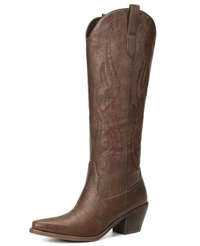 Pasuot Wide Calf Boots for Women - Brown Cowboy Knee High Boots with Chunky Heel, Side Zip and Embroidery Pointed Toe Western Cowgirl Outfit Boot Tall Boot Pull On for Ladies Spring Fall 11 Wide | Amazon (US)