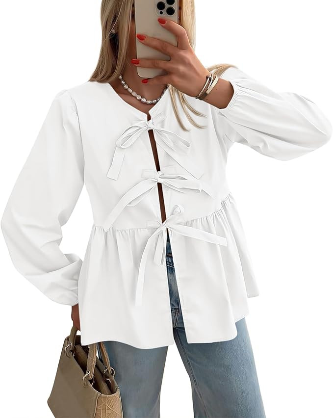 PRETTYGARDEN Women's Babydoll Peplum Blouse Shirt Puff Long Sleeve Bow Tie Front Trendy Cute Y2K ... | Amazon (US)