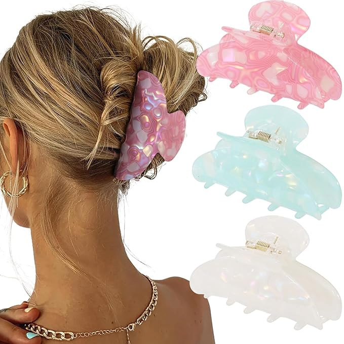 HAIMEIKANG 3 Pcs Acrylic Hair Claw Clips for Women, 4 Inch Large Marble Claw Clips for Thick Thin... | Amazon (US)