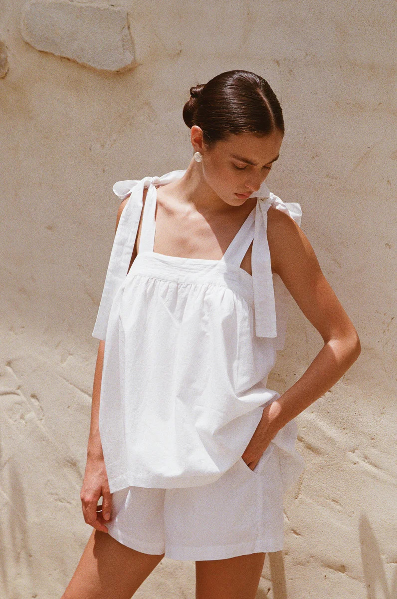 Suzie Tie Sleep Set - White Washed Cotton | Piyama
