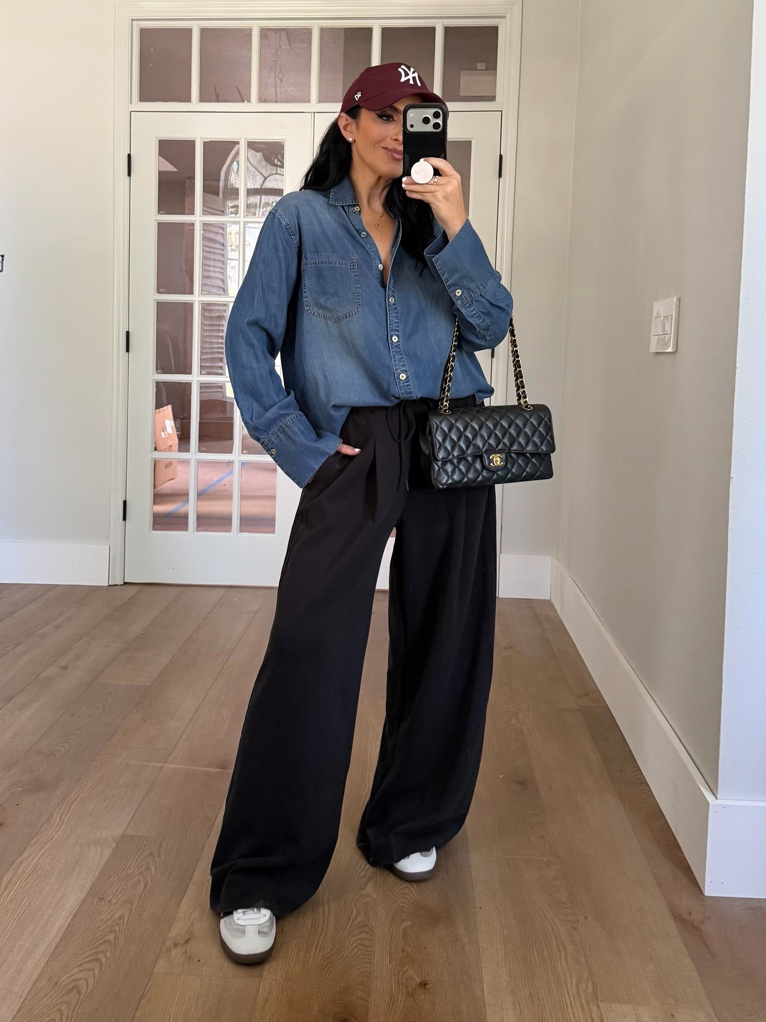 Adidas wide leg pants wearing size small. Alice & Olivia Finely oversized denim button down.