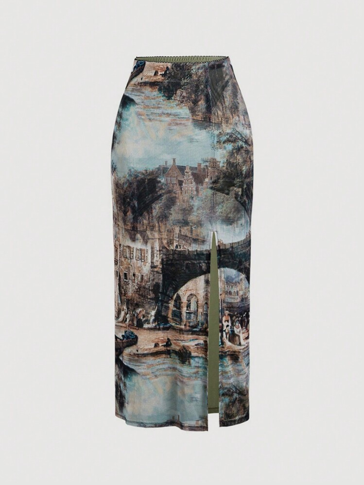 SHEIN MOD Vintage Elegant Oil Painting Print Split Hem Skirt Vacation Light Blue Autumn | SHEIN