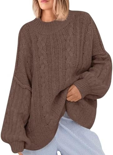 Saodimallsu Womens Oversized Sweaters Chunky Cable Knit Crew Neck Casual Long Lantern Sleeve Fall... | Amazon (US)