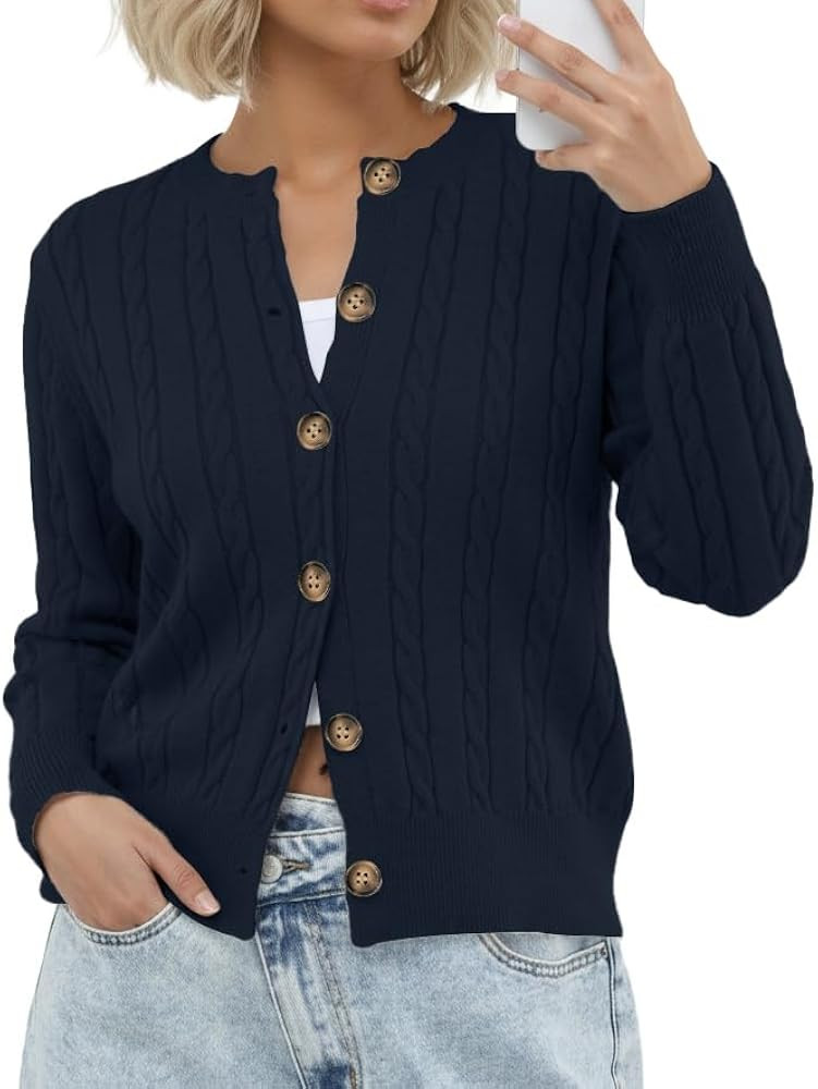 GRECERELLE Women's Long Sleeve Cable Knit Button Down Crew Neck Casual Cardigan Sweater, S-2XL | Amazon (US)