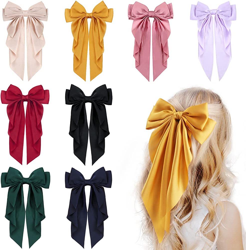 8Pcs Big Satin Layered Hair Bows for Women Girls 8 Inch Barrette Hair Clip Long Black Ribbon Bows Fr | Amazon (US)