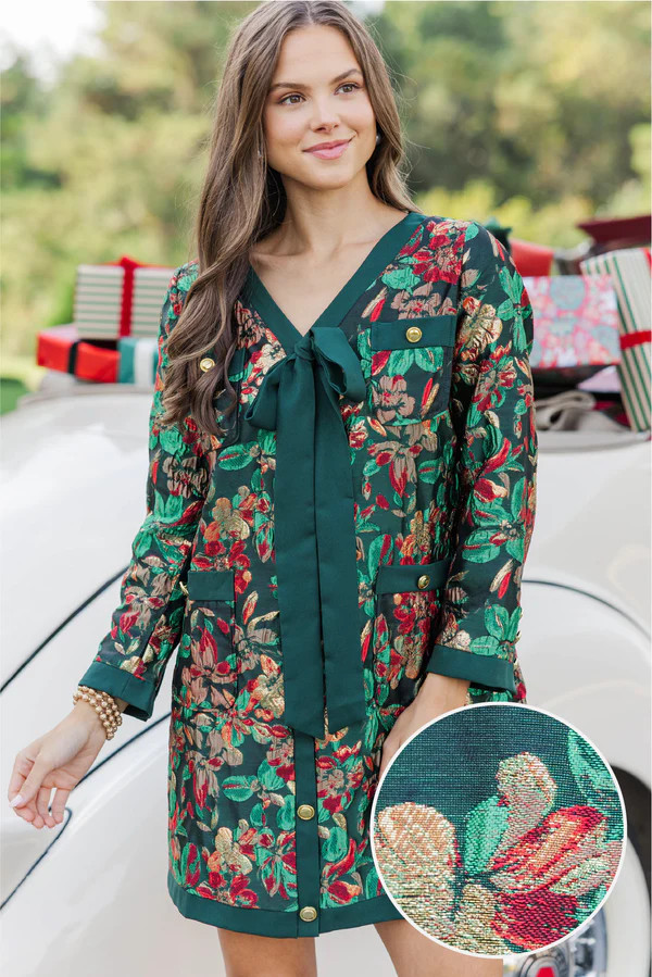 League Of Your Own Emerald Floral Brocade Shift Dress | The Mint Julep Boutique