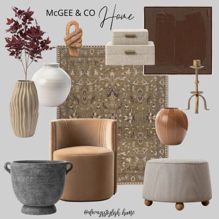 So many gorgeous pieces by McGee & Co! Fall home styling at its best! Black planter vase, fluted vase, maple leaf stems, footed ottoman, camel accent chair, cream storage decorative boxes, rust vase, wood knot sculpture, white vase, brown modern wall art, area rug, fall home decor 

#LTKhome #LTKSeasonal