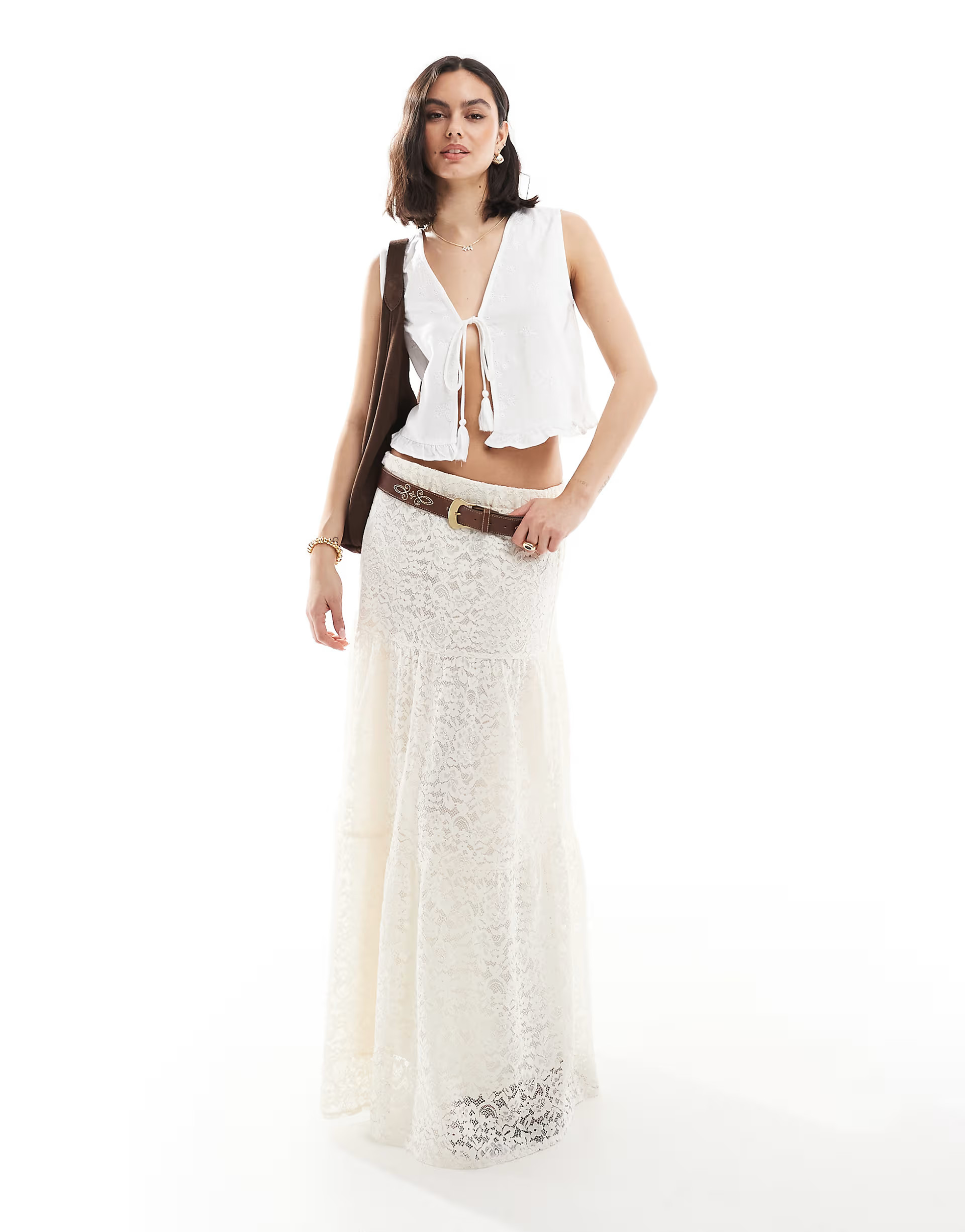 Stradivarius boho lace midi skirt in ecru | ASOS | ASOS (Global)