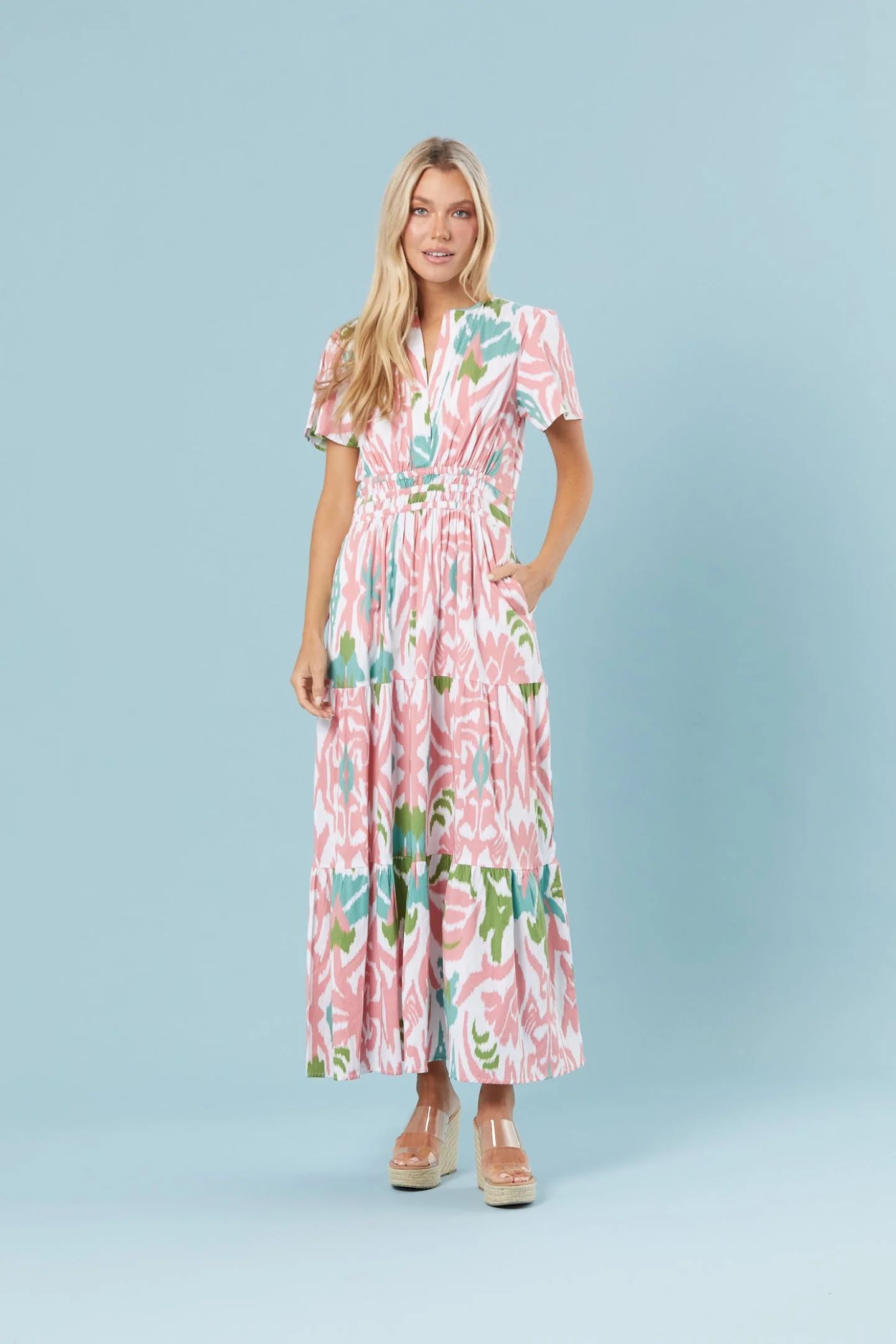 Sheridan French I Spring 2023 I Eloise Dress in Tulip Ikat Pink + Green + Tea | Sheridan French