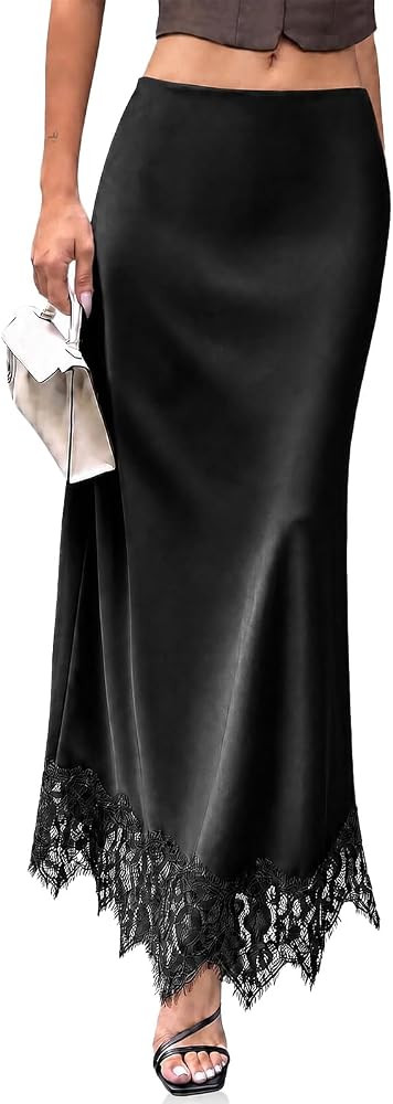 Cicy Bell Womens Polka Dot Satin Maxi Skirt High Waisted Lace Flowy Skirts | Amazon (US)