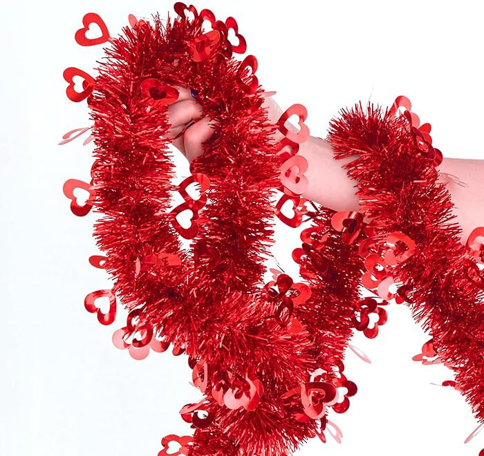33FT Valentines Tinsel Garland, Red Metallic Twist Foil Tinsel Garland with Heart Ornament Hangin... | Amazon (US)
