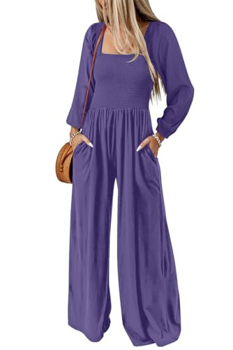 Dokotoo Loose Jumpsuits for Women Overalls Oversized Solid Color Wide Leg One Piece Long Sleeve jumpsuit Long Pant Romper with Pockets 2025 Fashion Purple Rose Large | Amazon (US)
