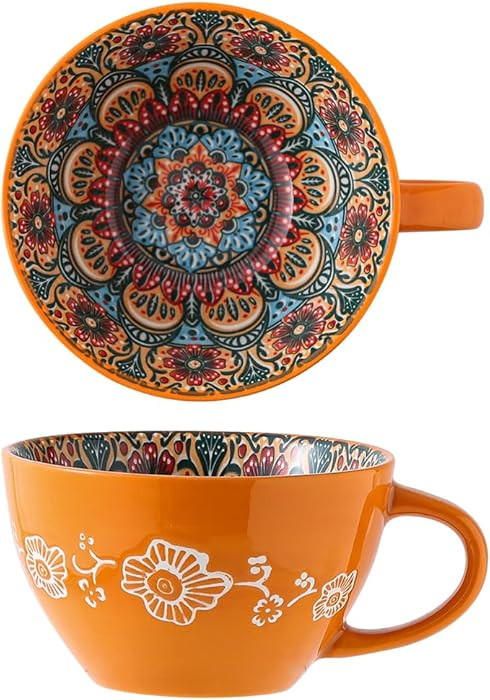 Bohemian Hand-Painted Ceramic Mug, 15 Oz Large Coffee Cup for Milk, Tea, and Breakfast, Dishwashe... | Amazon (US)