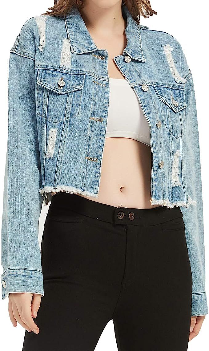 Saukiee Oversized Denim Jacket Distressed Boyfriend Jean Coat Jeans Trucker Jacket for Women Girl... | Amazon (US)
