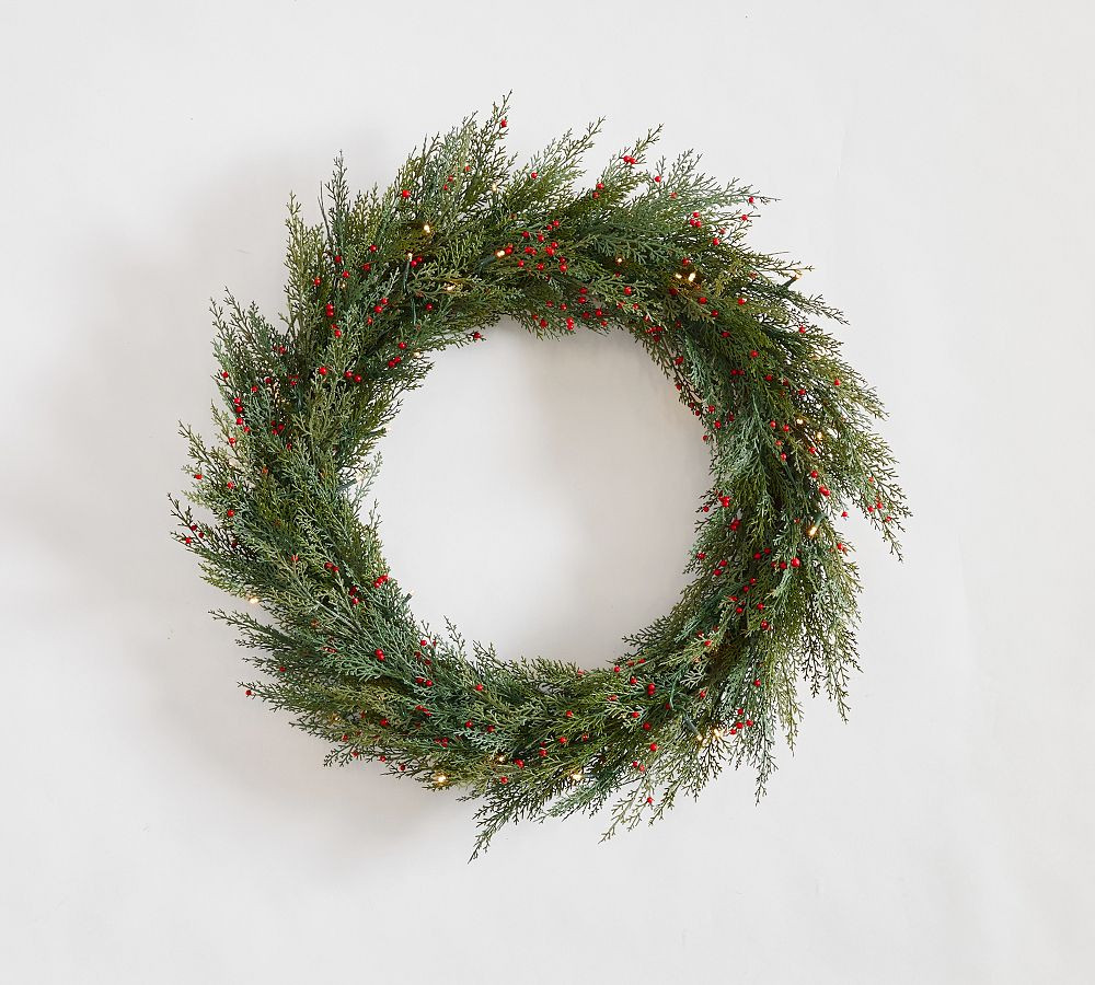 Faux Lit Cedar Berry Pine Wreath & Garland | Pottery Barn (US)
