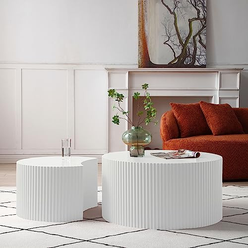 JUSTONE White Round Coffee Table Set of 2,Modern Luxury Nesting Coffee Table for Living Room,Wood Circle Drum Coffee Table for Small Spaces No Assembling (Matte White) | Amazon (US)